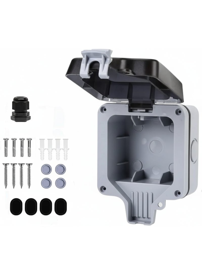 علبة فيشة كهرباء خارجية مقاومة للماء IP66 مع مفتاح ولمبة بيان – مقبس خارجي مزدوج 2-Gang بغطاء مفصلي للحدائق والأماكن الرطبة - Image 1